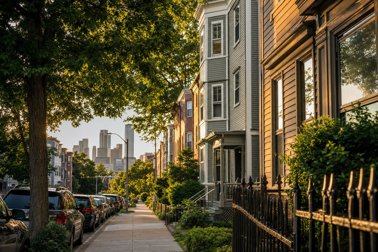 A Dorchester neighborhood street in Boston at golden hour